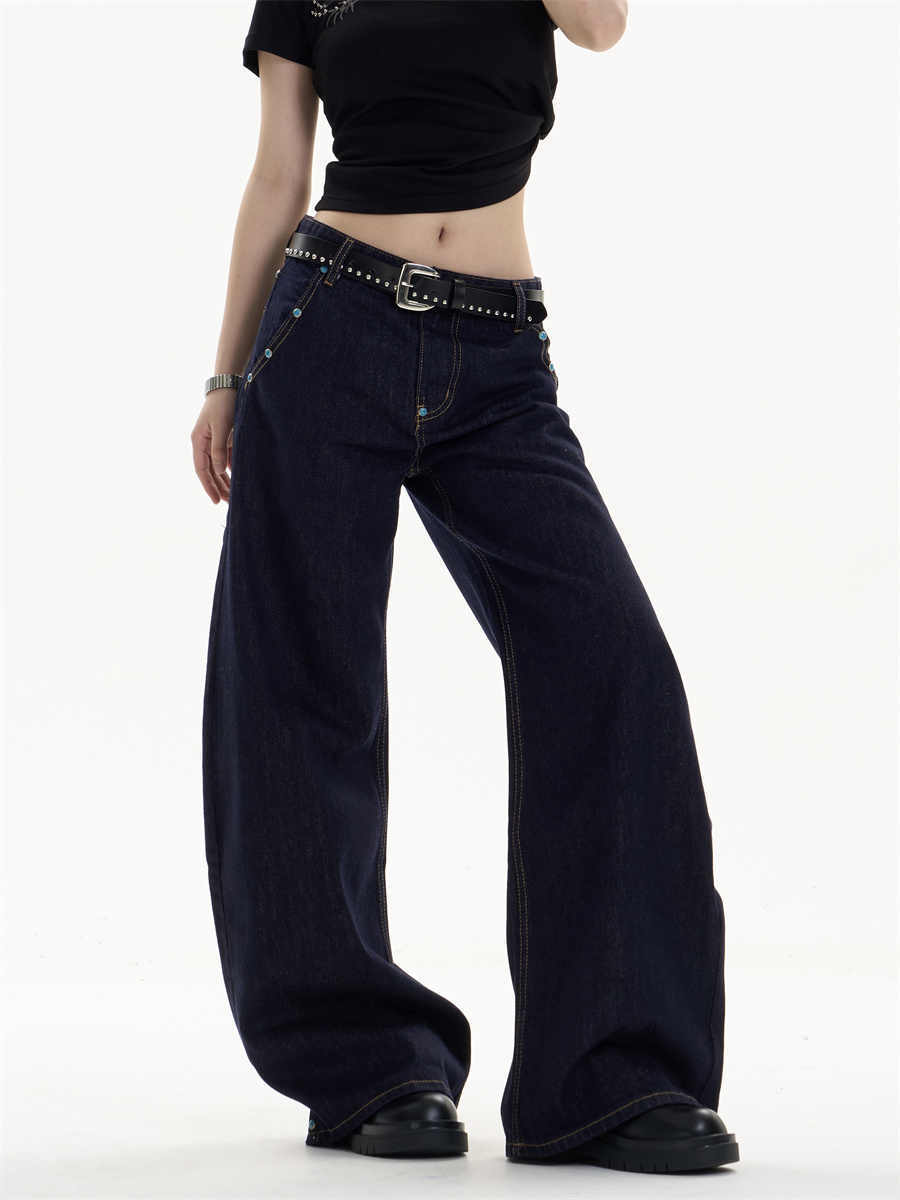 Retro Dark Blue Straight Jeans with Loose Wide-Leg Fit