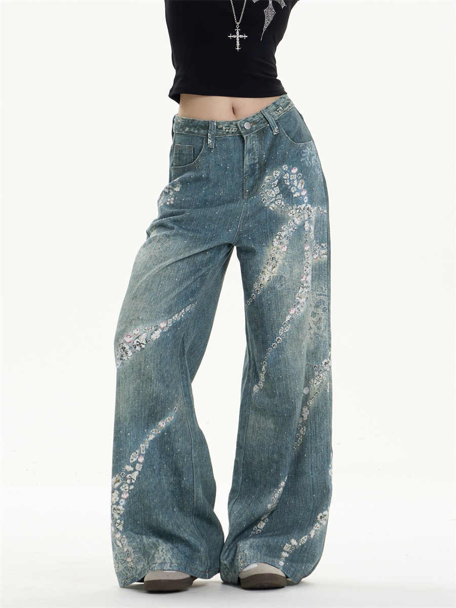 Jeans de perna larga com estampa de bowknot lindos com torção feminina
