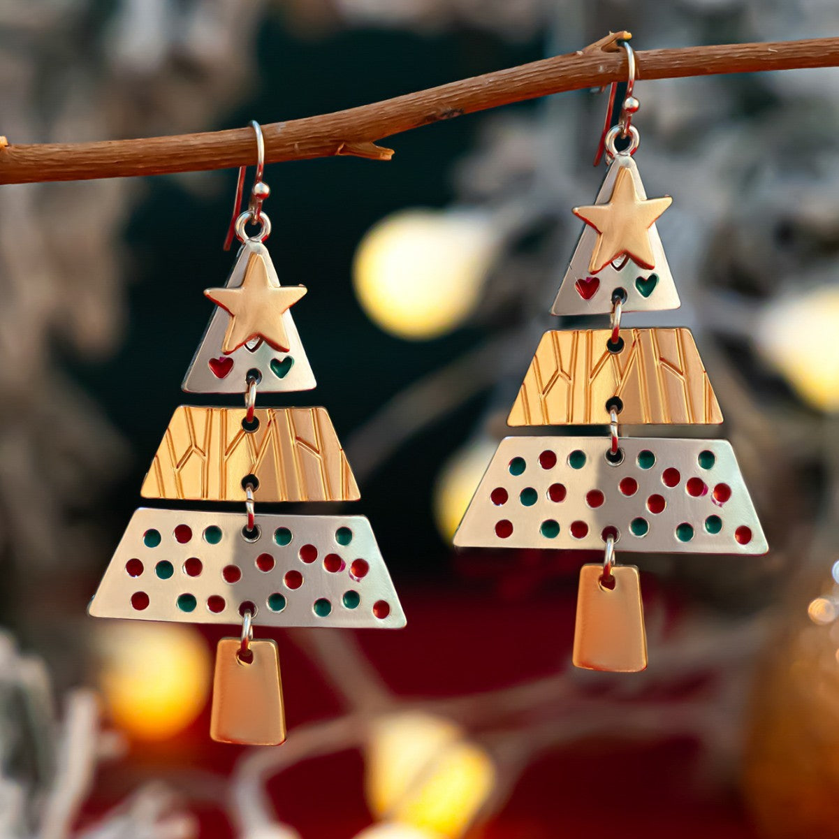 Festive Triple Tier Christmas Tree Dangle Earrings and Pendant Necklace Set