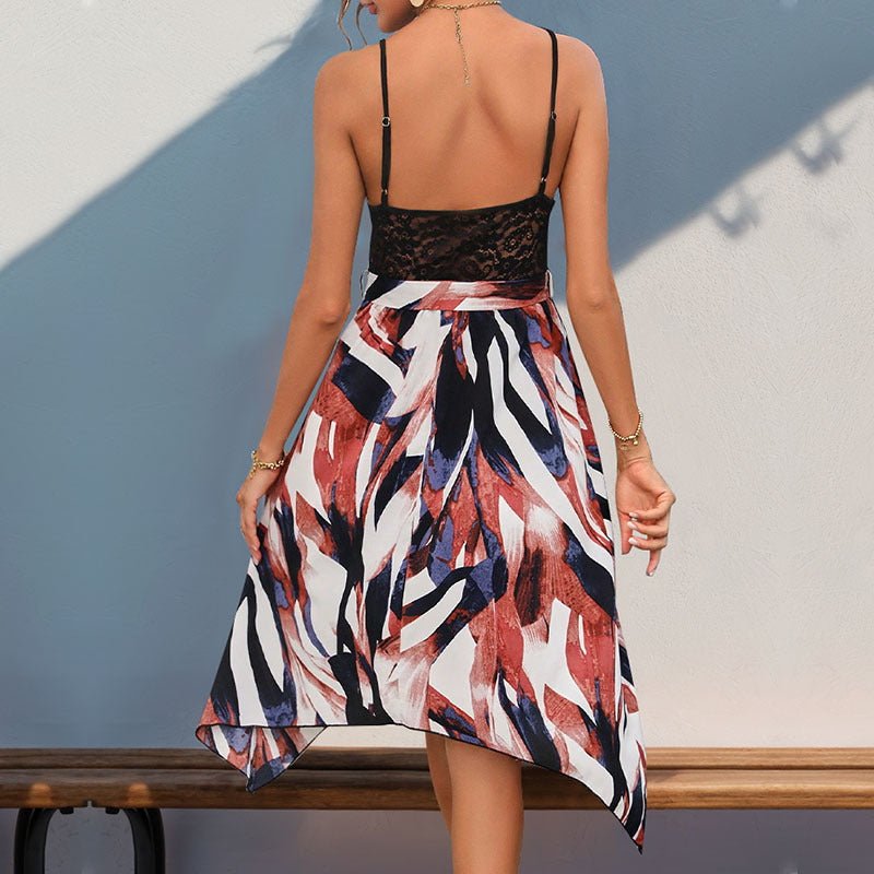 Asymmetric Lace V-Neck Strap Dress with Irregular Hem Swing