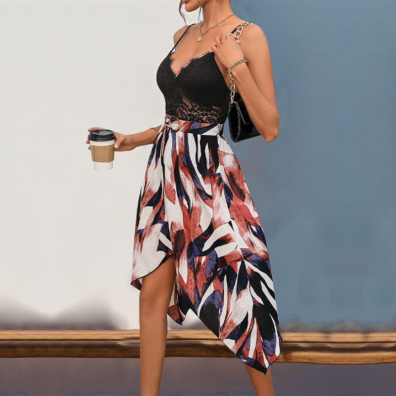 Asymmetric Lace V-Neck Strap Dress with Irregular Hem Swing-Theone Apparel