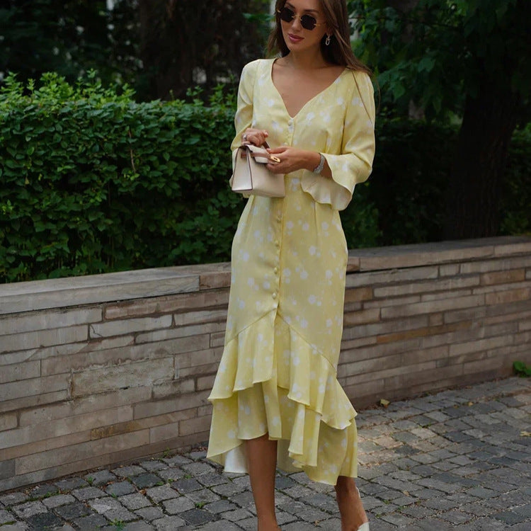 Asymmetric V-Neck Delicate Floral Dress with Breezy Flared Sleeves-Theone Apparel