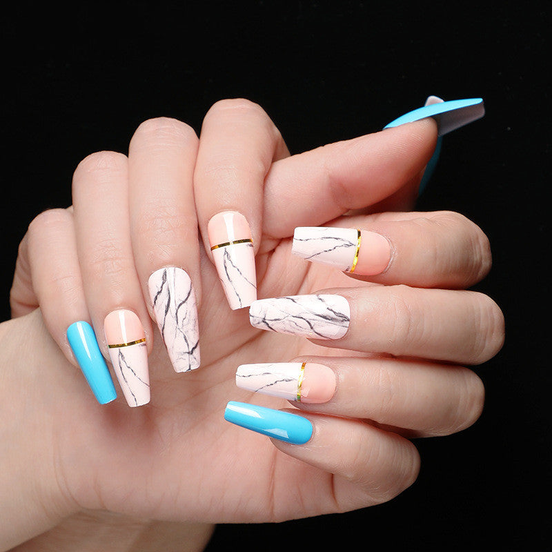 Ballet Coffin Shaped Marble and Jewel Toned Nail Set-Theone Apparel
