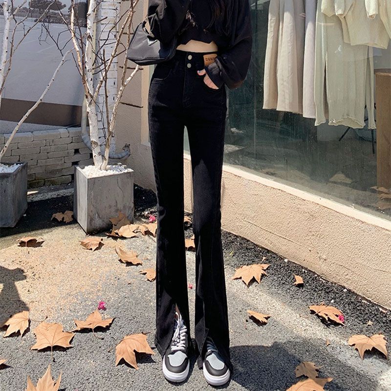 Black Slim Split Flared Jeans with Double Button Finish