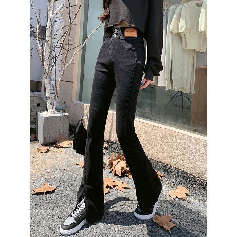 Black Slim Split Flared Jeans with Double Button Finish