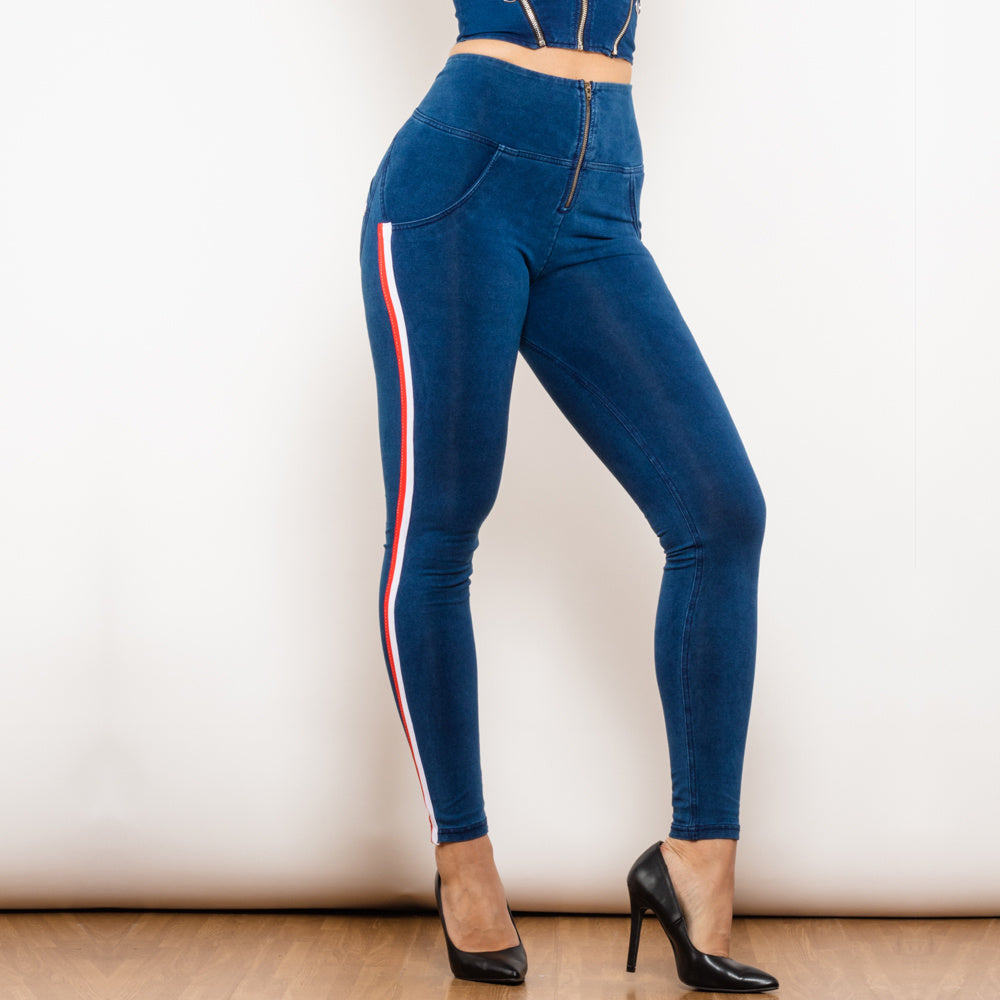 Black Stretch Pencil Jeggings with Striped Slim Design-Blue-Theone Apparel