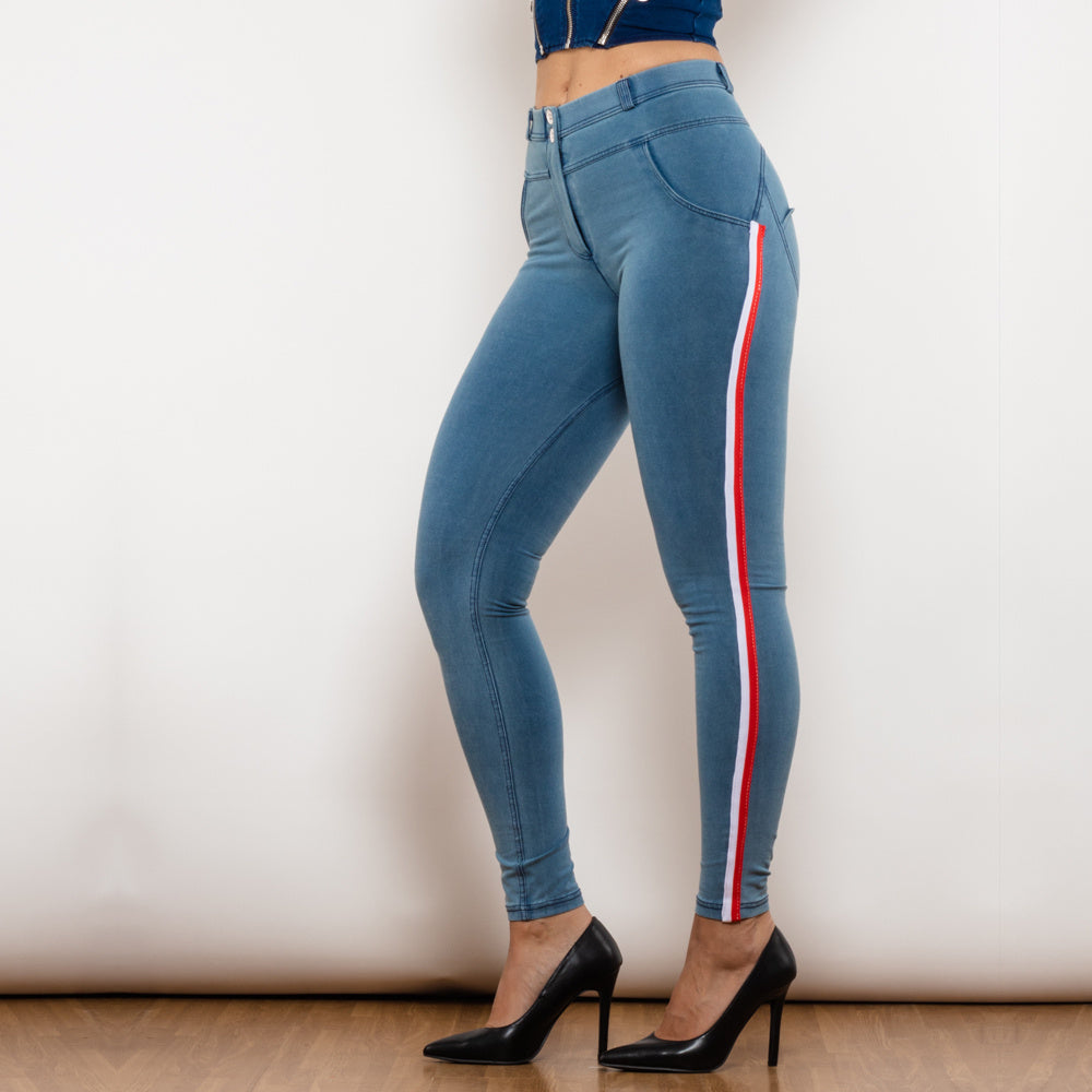 Black Stretch Pencil Jeggings with Striped Slim Design-Light Blue-Theone Apparel