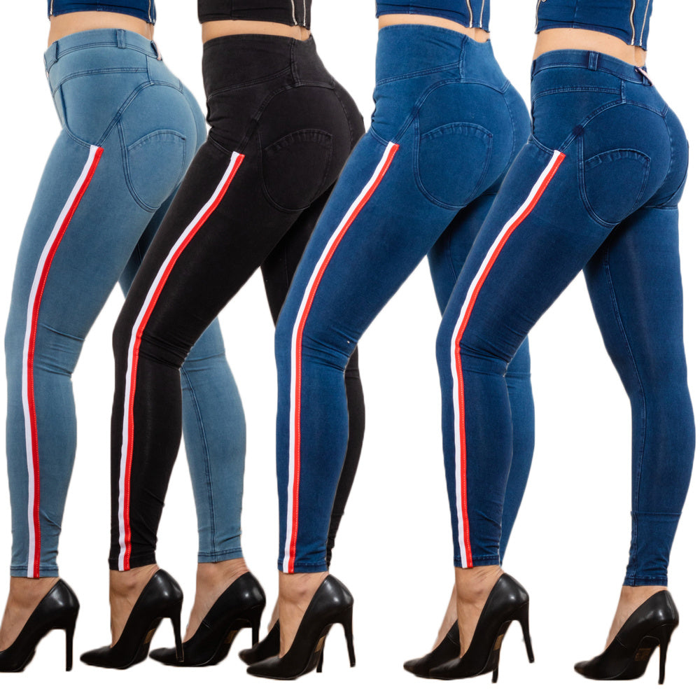 Black Stretch Pencil Jeggings with Striped Slim Design