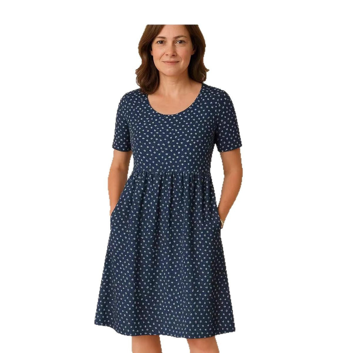 Casual T-Shirt Dress with Round Neck, Pockets, and Stitch Detailing-Theone Apparel