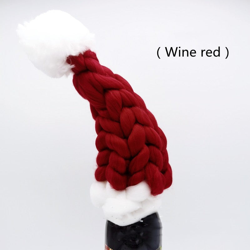 Christmas Braided Heavy Yarn Santa Hat Wine Bottle Topper in Assorted Colors-Wine Red-Theone Apparel