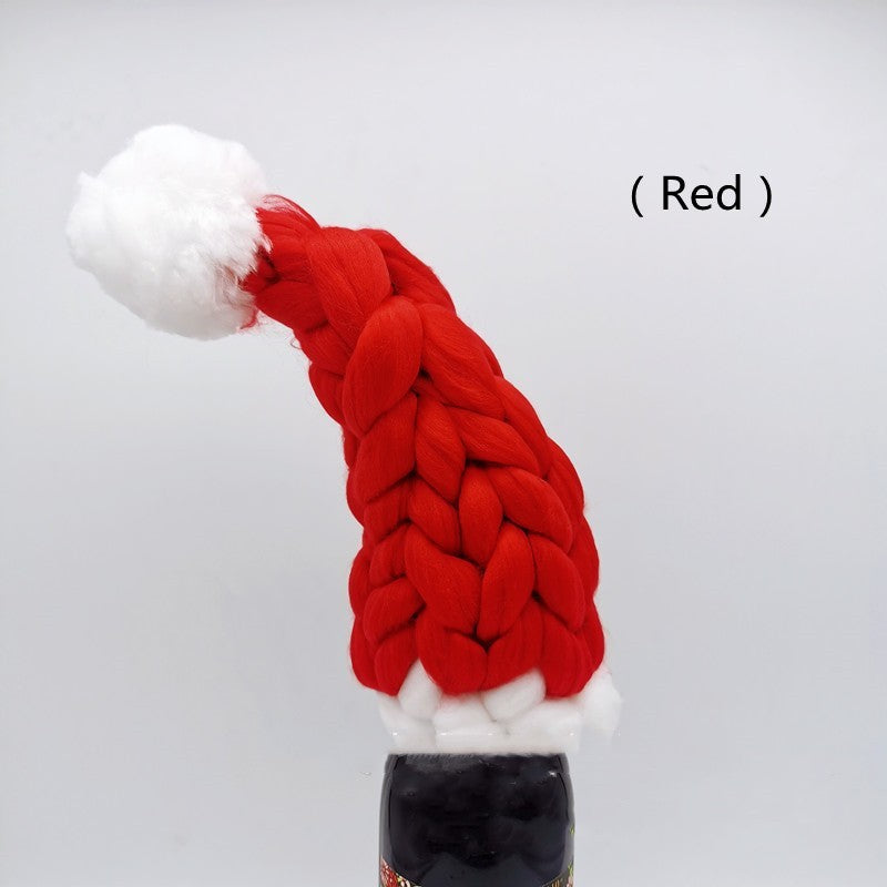 Christmas Braided Heavy Yarn Santa Hat Wine Bottle Topper in Assorted Colors-Bright Red-Theone Apparel