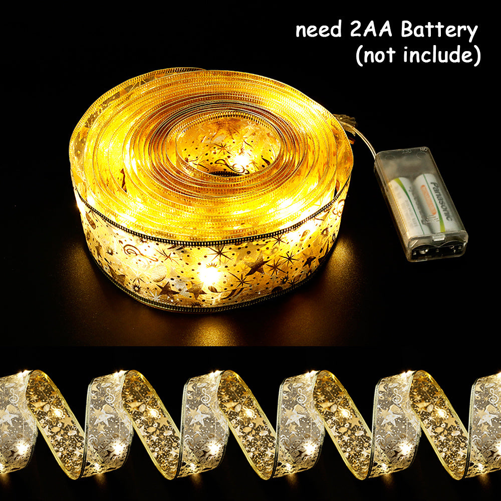 Christmas Ribbon Garland for Trees with LED Lights Built In-Warm Gold-Theone Apparel