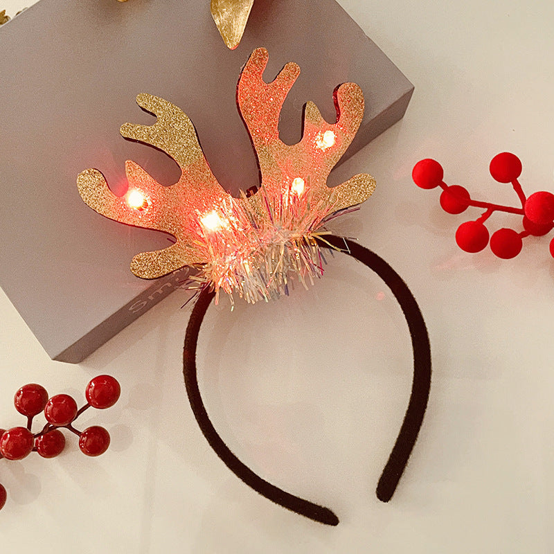 Christmas Tree Headband Hat with LED String Lights-33 Gold Antlers With Feathers-Theone Apparel