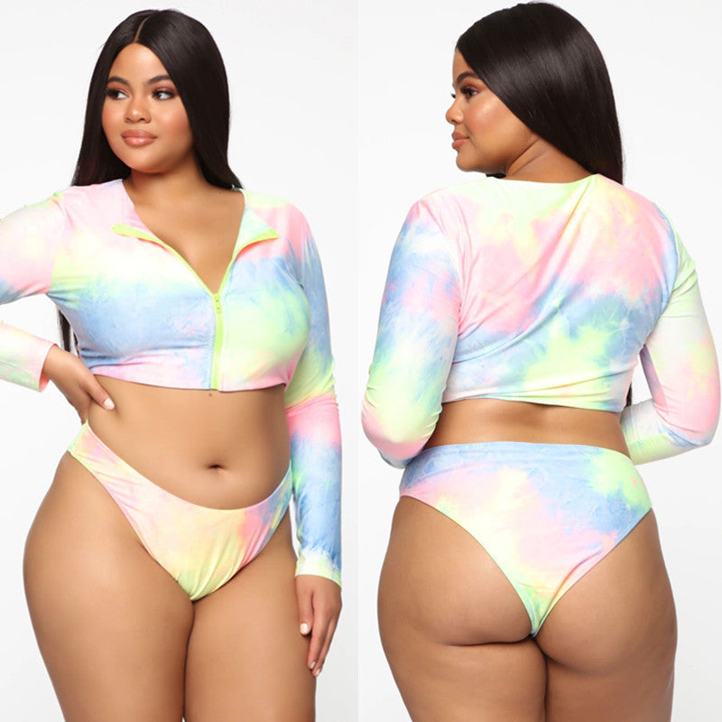 Colorful Plus-Size Zippered Bikini Swimsuit with Long Sleeves-Theone Apparel