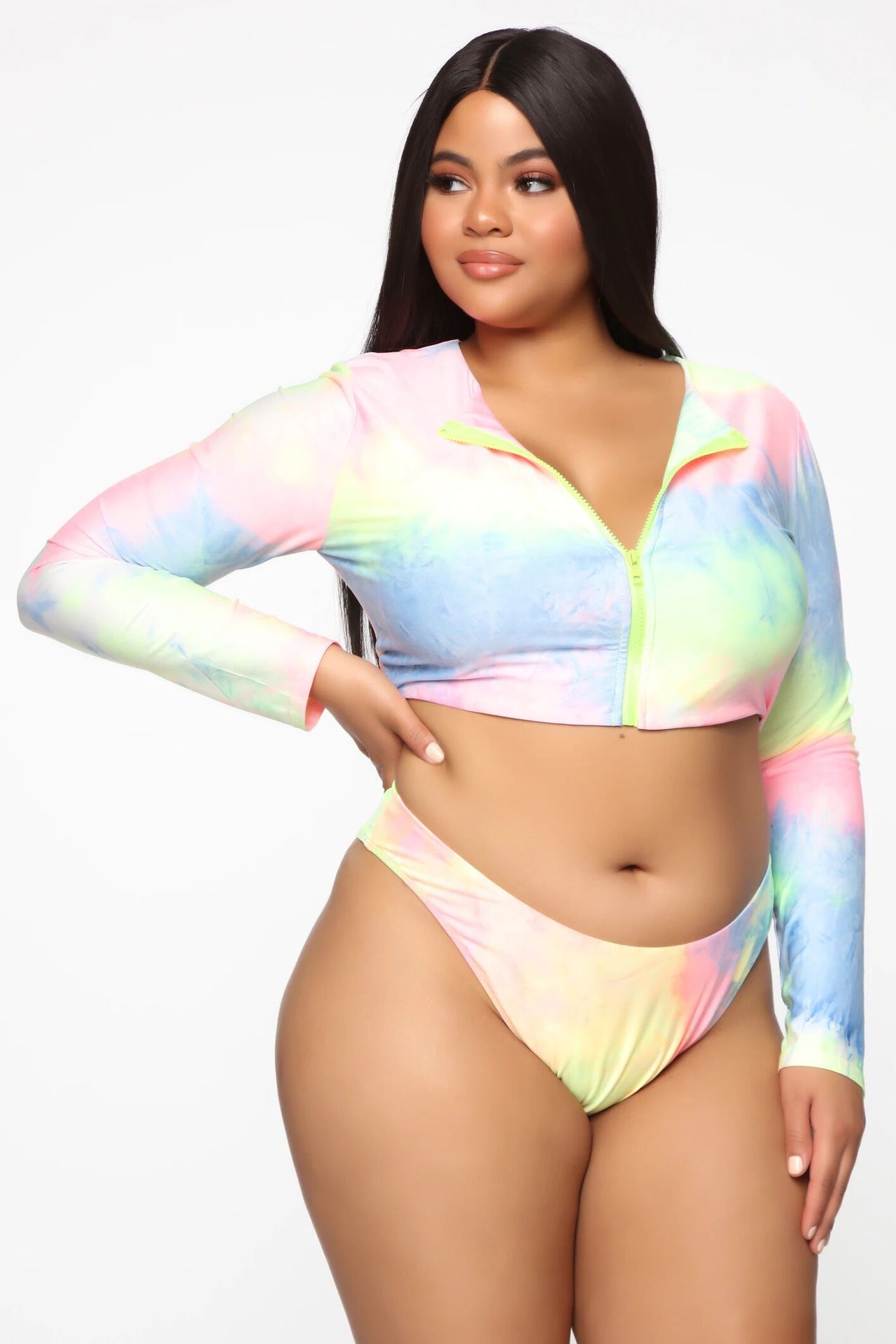 Colorful Plus-Size Zippered Bikini Swimsuit with Long Sleeves-Colorful Bright-Theone Apparel