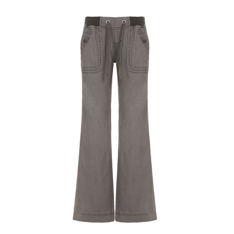 Contrast Stitch Pocket Straight-Leg Jeans with Low-Waist Fit-Gray-Theone Apparel