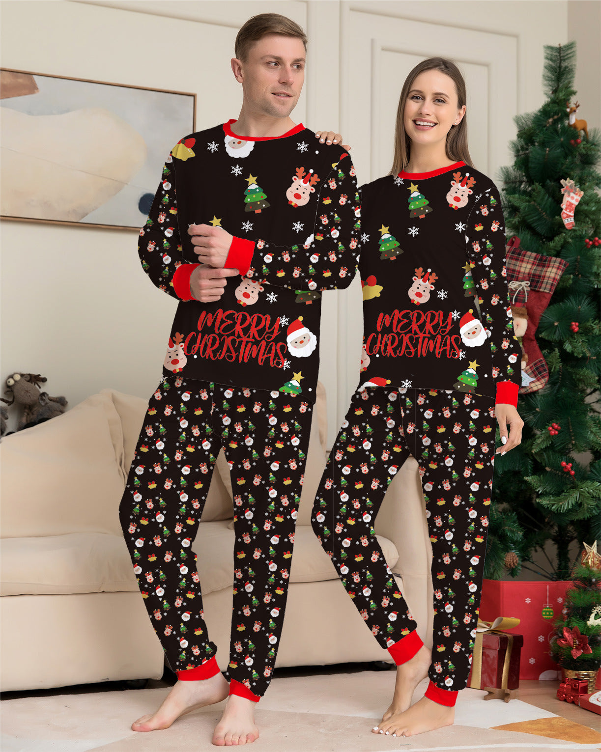 Cute Merry Christmas Red and Black Matching Family Pajama Set-Theone Apparel