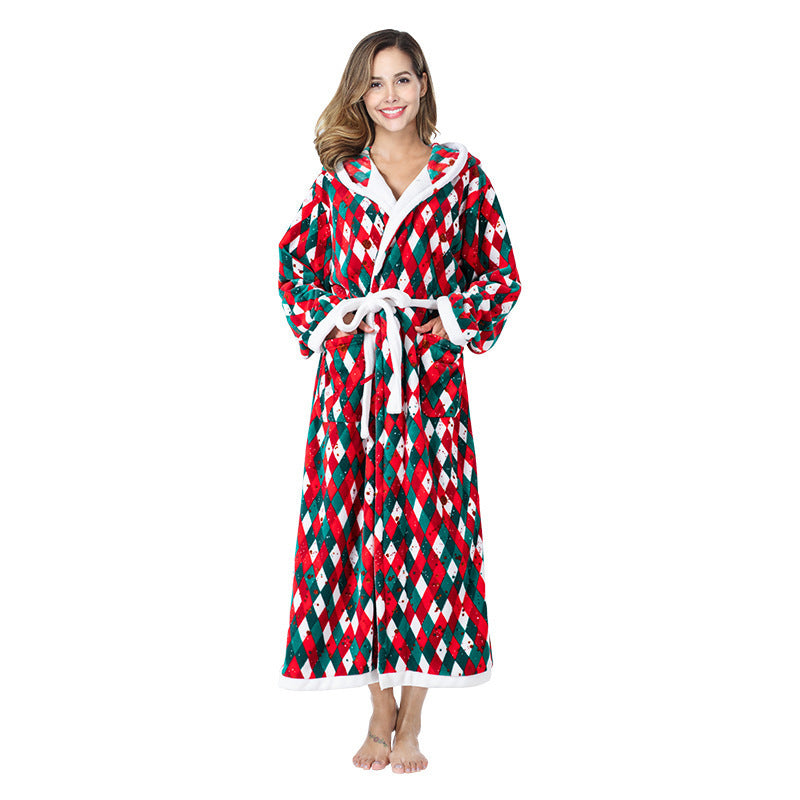 Cute Women's Red White and Green Christmas Themed Robe with Hood-Red/Green-Theone Apparel
