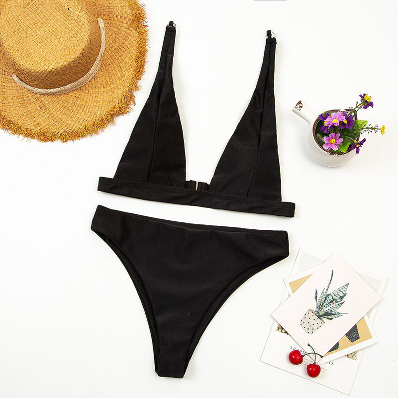 Deep V High-Waist Brazilian Two-Piece Bikini Swimsuit Beachwear