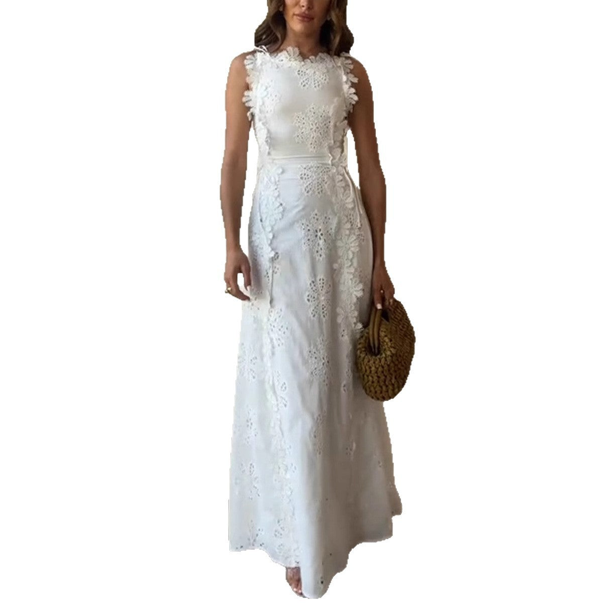 Delicate Lace Embroidery Tie-Strap Holiday Dress with Boho Flair-White-Theone Apparel