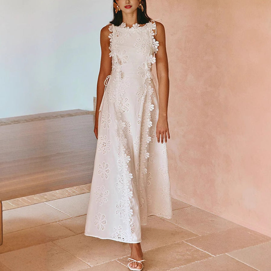 Delicate Lace Embroidery Tie-Strap Holiday Dress with Boho Flair