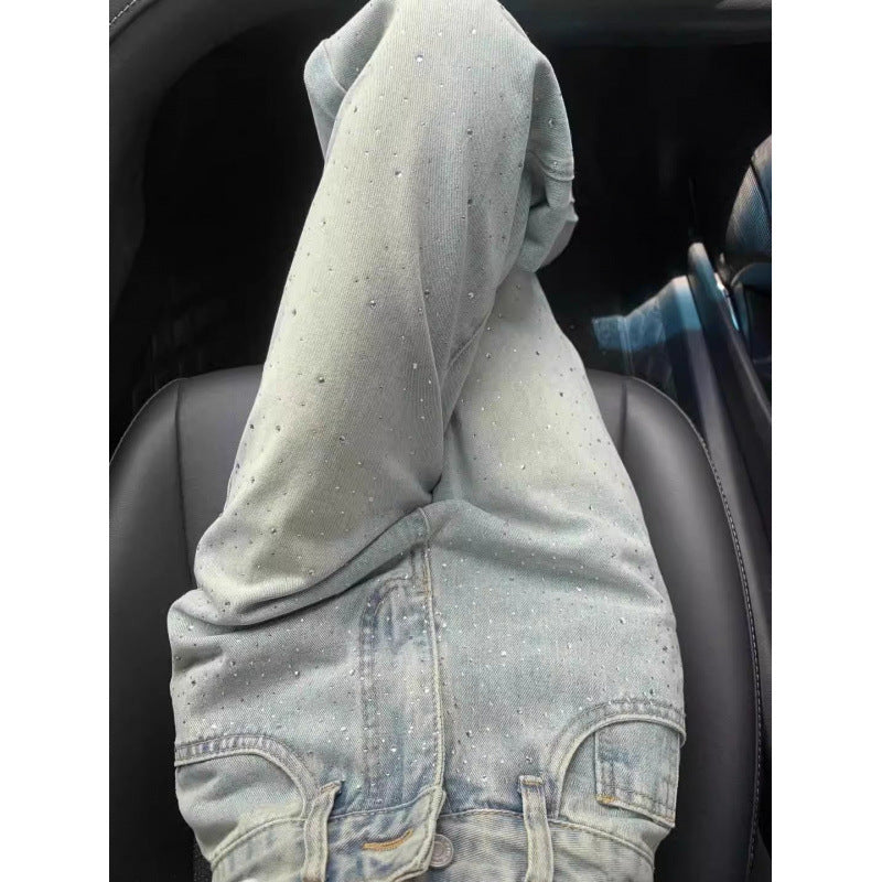 Designer Rhinestone Jeans with Draped Slim Wide-Leg Shape