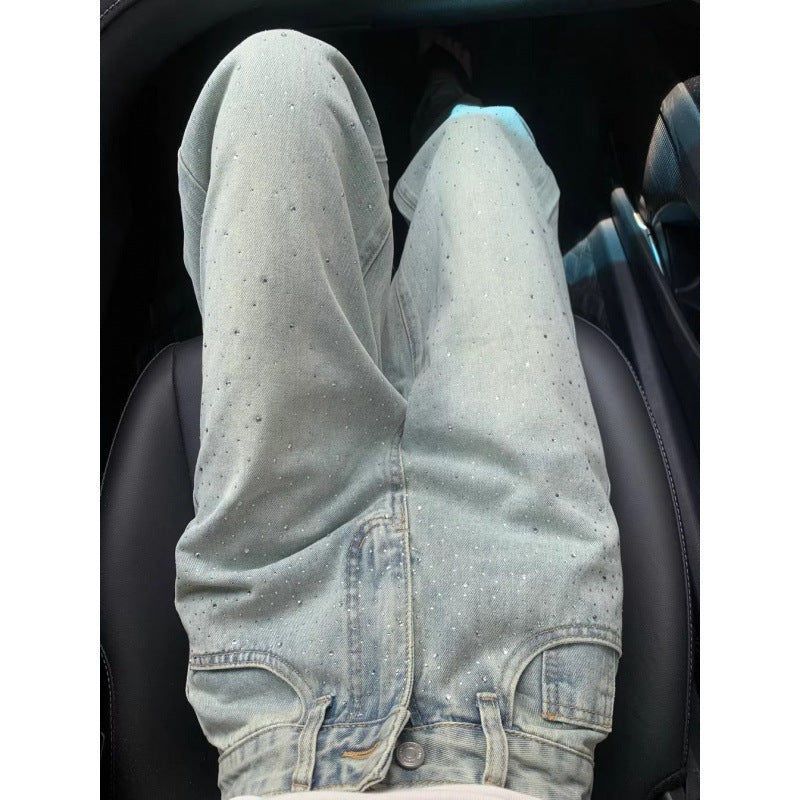 Designer Rhinestone Jeans with Draped Slim Wide-Leg Shape