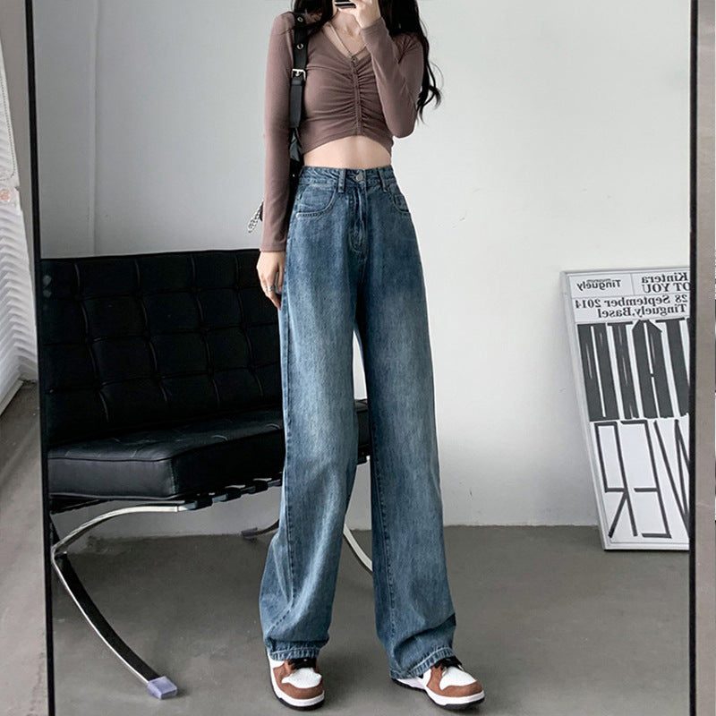 Draped Wide-Leg Mop Jeans for Plus-Size Chic Movement