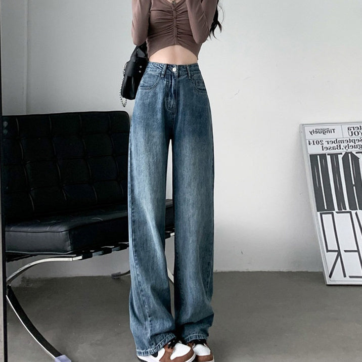 Draped Wide-Leg Mop Jeans for Plus-Size Chic Movement