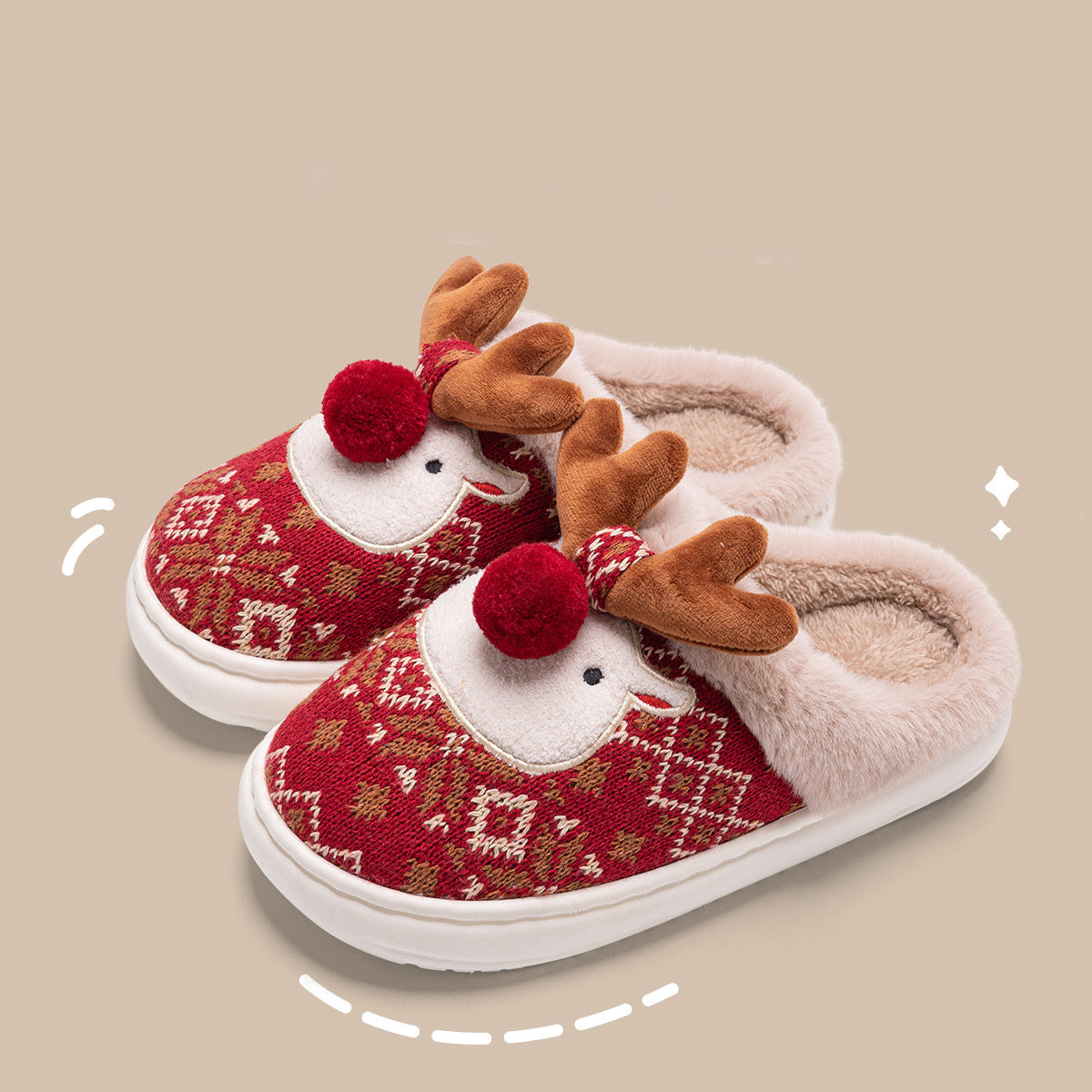 Durable and Soft 3D Reindeer House Shoes with Traction Soles-Red-Theone Apparel