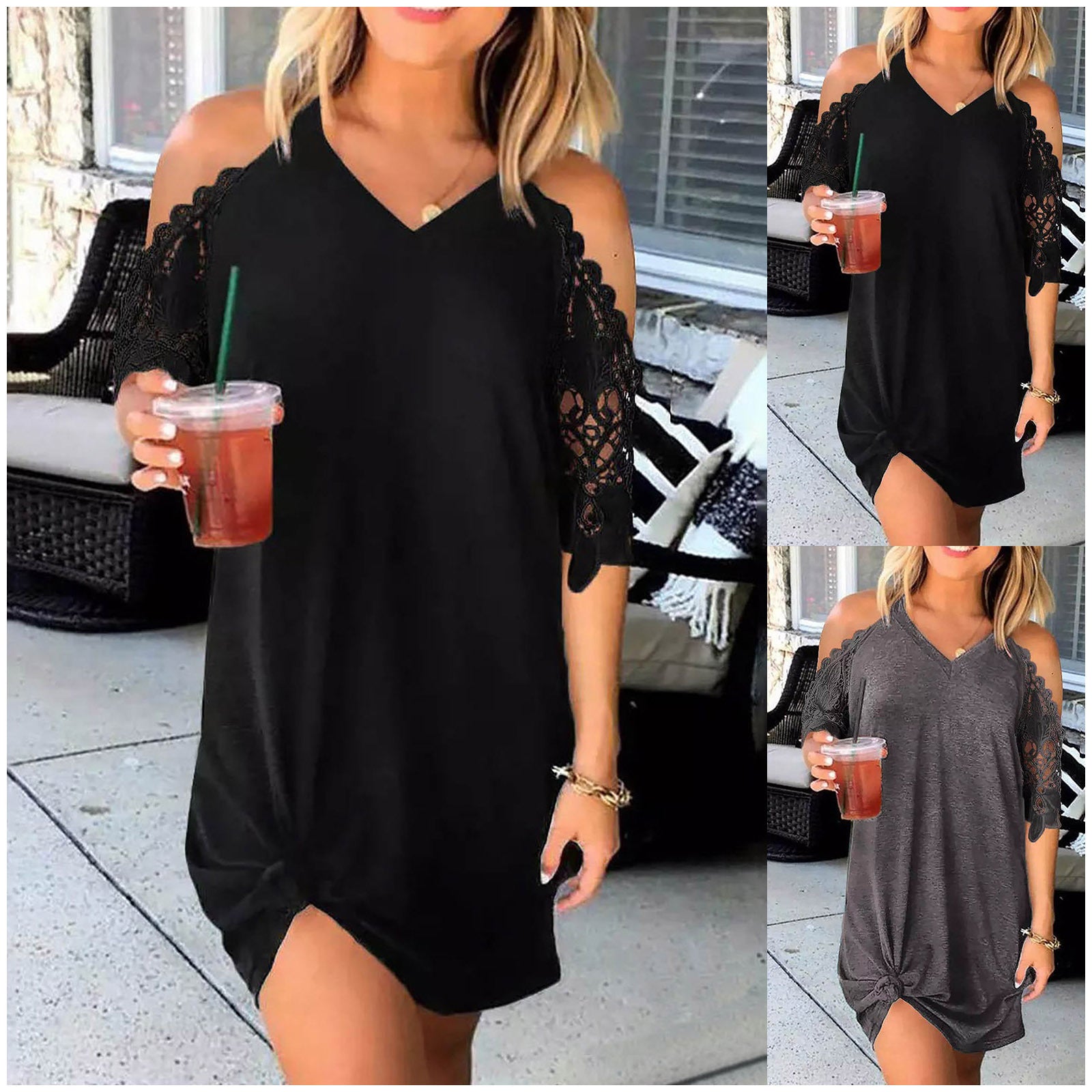 Elegant Cold Shoulder Lace Patchwork V-Neck Solid-Color Midi Dress