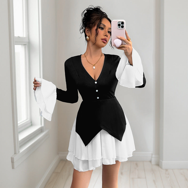 Elegant Contrast Long-Sleeve Patchwork Dress with Ruffled Skirt Flair