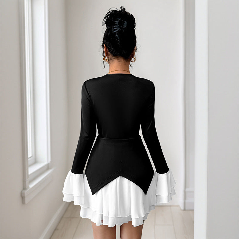 Elegant Contrast Long-Sleeve Patchwork Dress with Ruffled Skirt Flair-Theone Apparel