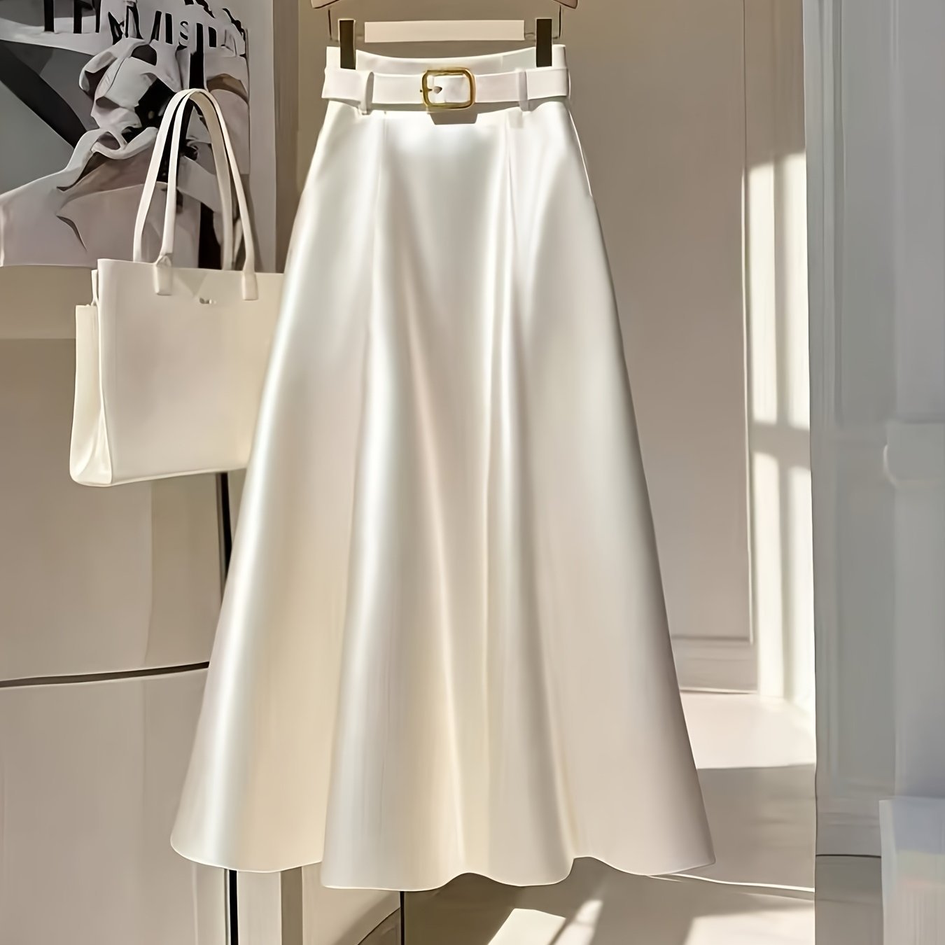 Elegant Solid Color Satin A-Line Skirt For Graceful Outfits-Apricot-Theone Apparel