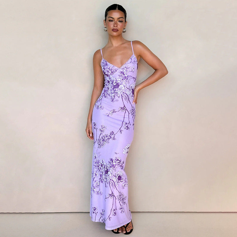 Elegant V-Neck Purple Print Bodycon Dress for Evening Parties-Purple-Theone Apparel