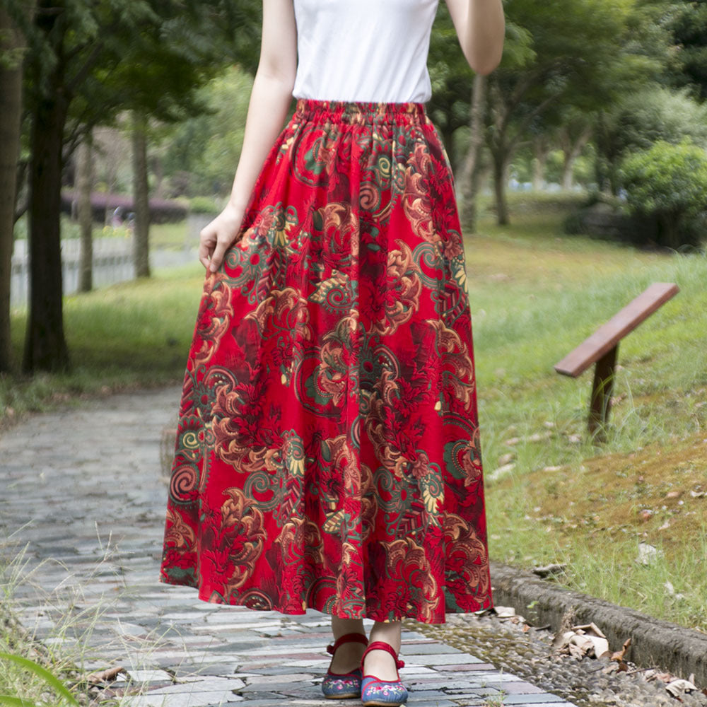 Ethnic Style Cotton Linen Swing Skirt With Elastic Waist-Theone Apparel