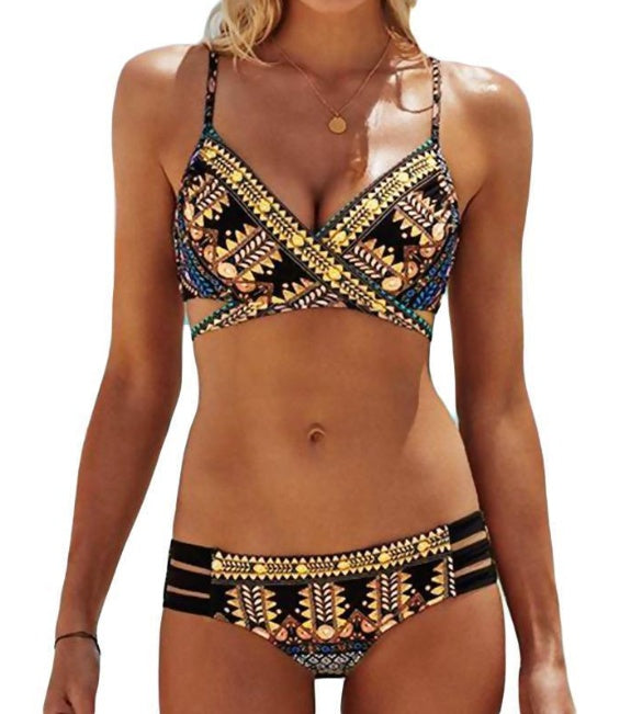 Ethnic Style Cross-Strap Bikini with Bold Print Accents