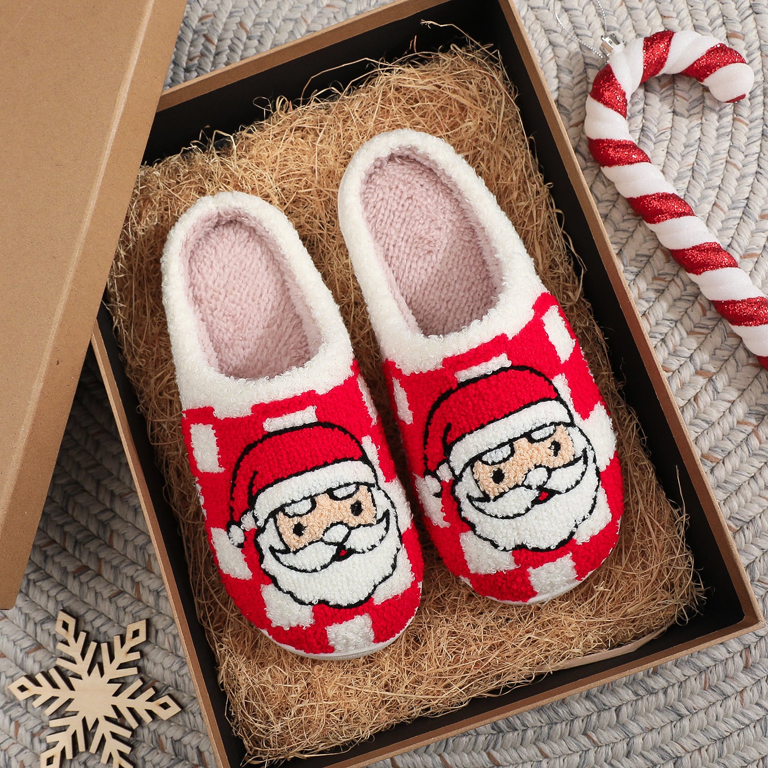Festive Red and White Checkered Santa Claus Fleece Slipon Shoes-Theone Apparel