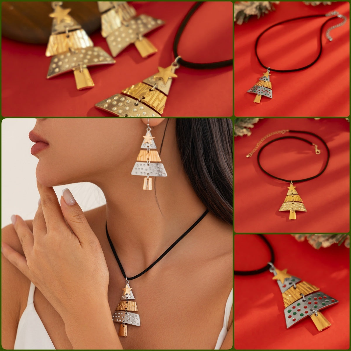 Festive Triple Tier Christmas Tree Dangle Earrings and Pendant Necklace Set-Theone Apparel