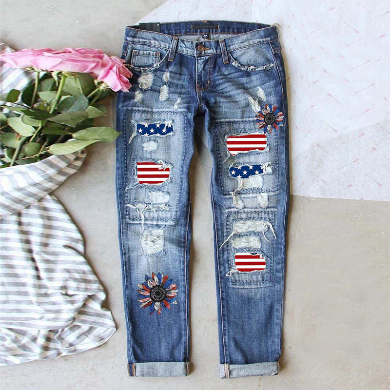 Flag Patch Ripped Denim Jeans with Patriotic Streetwear Twist