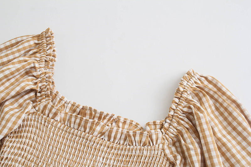 Flowy Khaki Plaid Dress with Elastic Waist for Leisure Wear-Theone Apparel