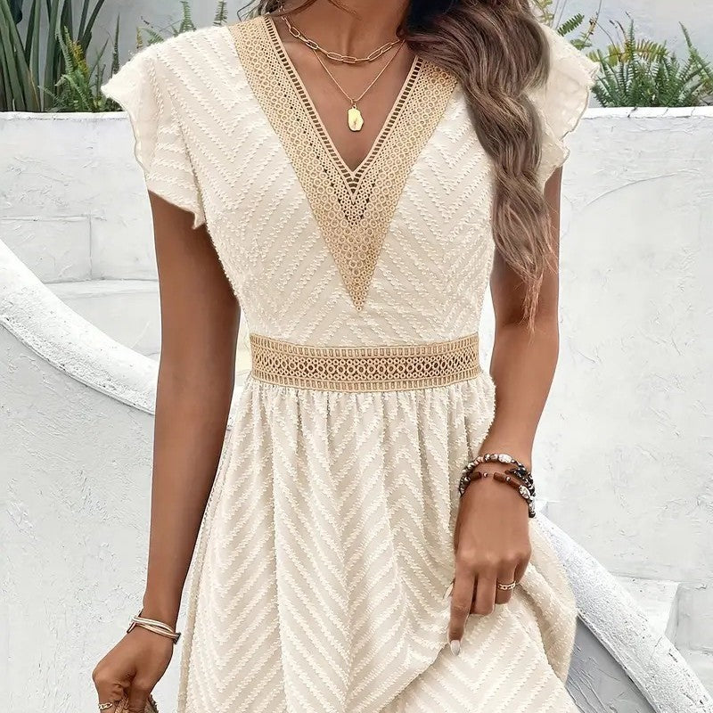 French Lace Patchwork Waistband Dress with Elegant Flair
