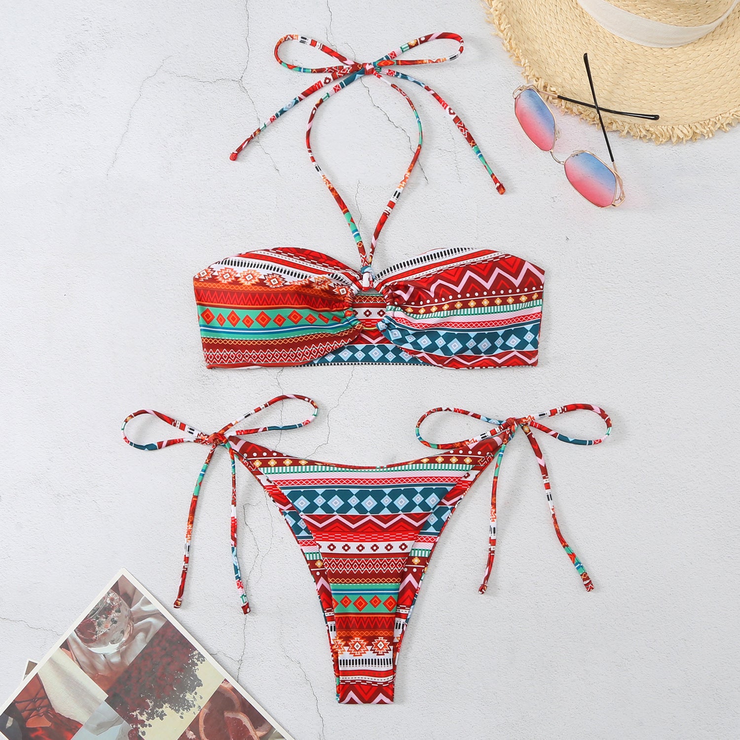 Halter Split Bikini Swimsuit for Women’s Trendy Beach Look-Red Strip-Theone Apparel