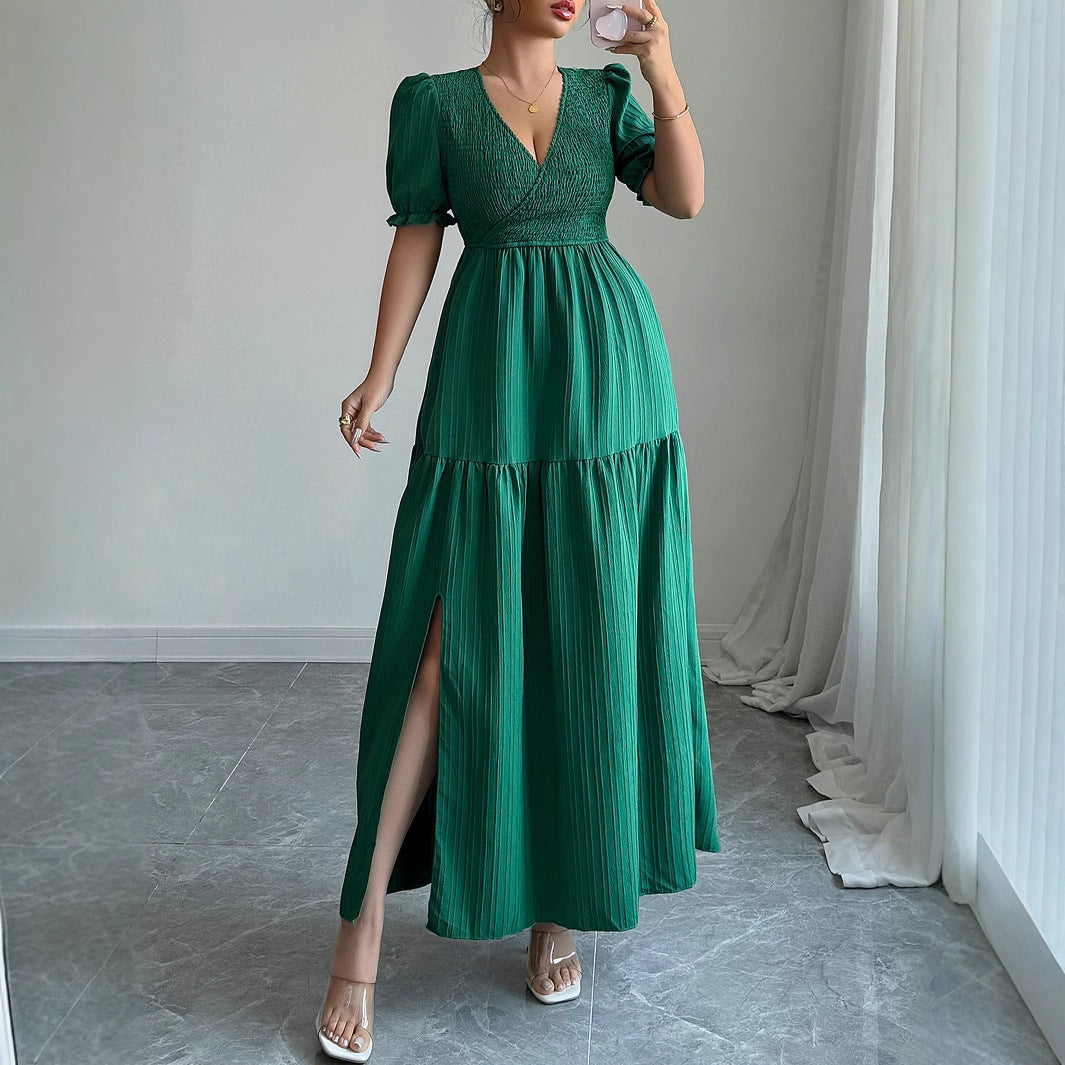 High-Sense Deep V-Neck Dress with Modern Luxe Appeal-Green-Theone Apparel