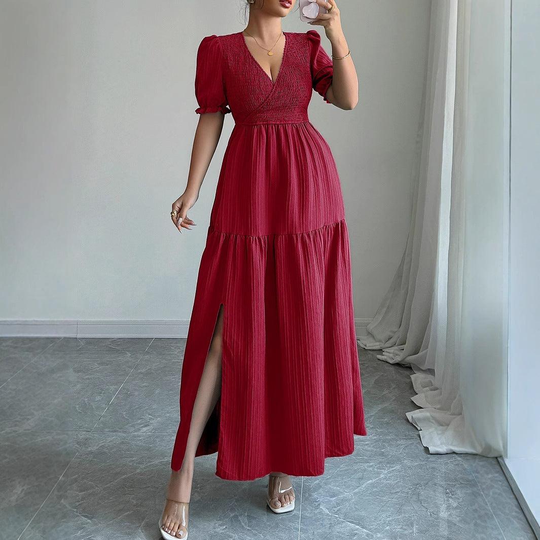 High-Sense Deep V-Neck Dress with Modern Luxe Appeal-Maroon-Theone Apparel