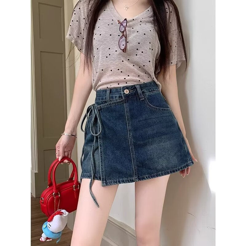 High Waist Denim Skirt Shorts For Playful Summer Outfits-Dark Blue-Theone Apparel