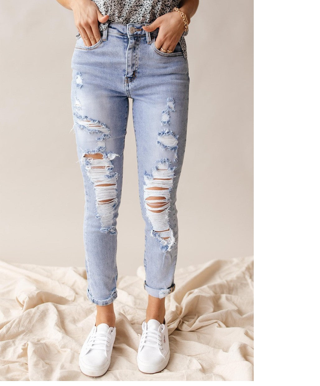 High-Waist Distressed Leisure Jeans for Spring and Summer-Light Blue-Theone Apparel