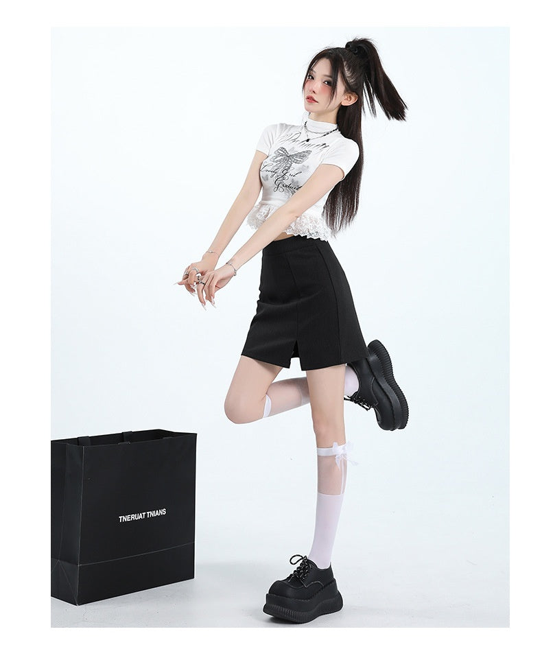 High Waist Gray Slit Skirt With Anti Exposure Design-Theone Apparel