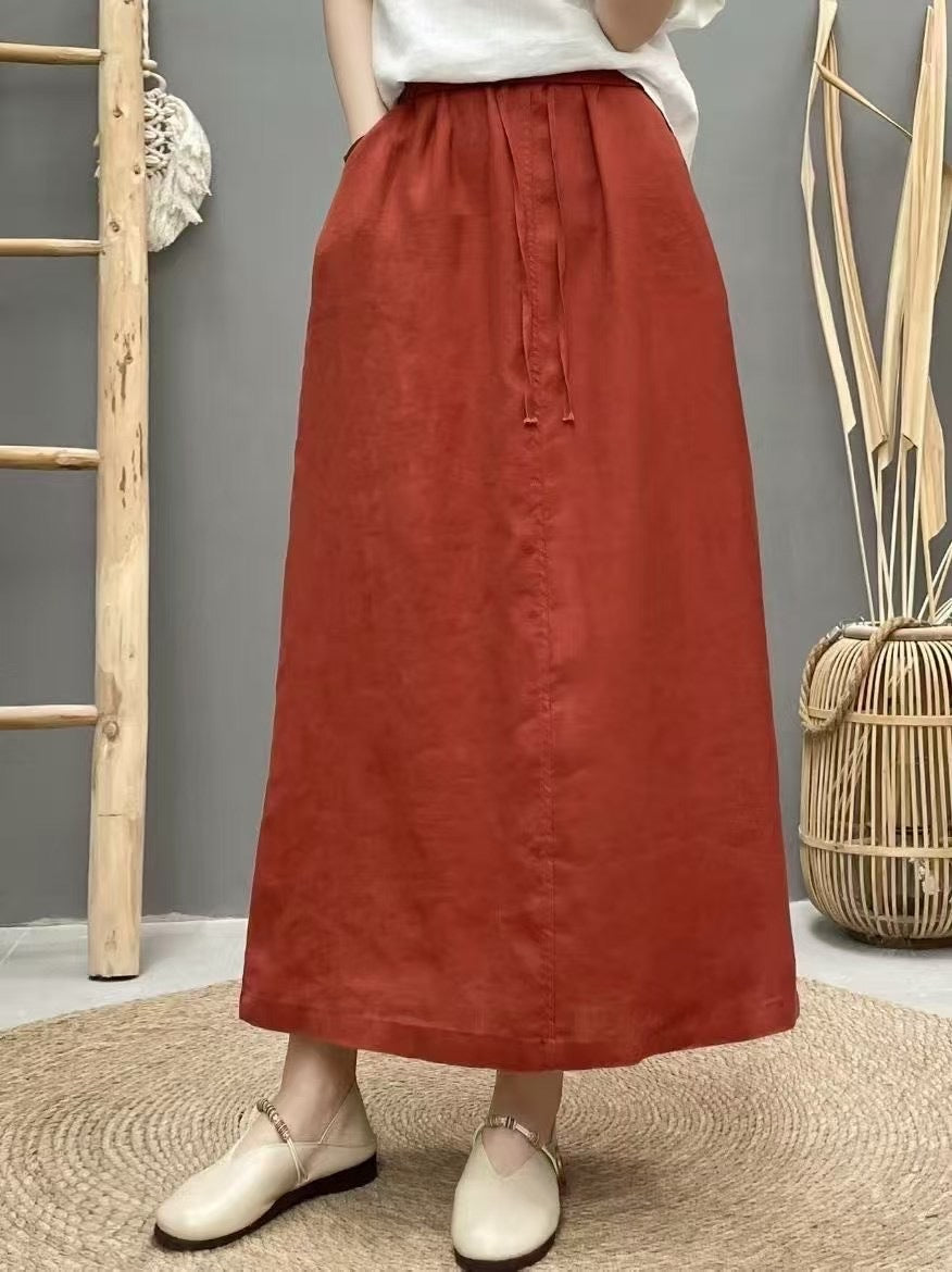 Lace Up Linen High Waist Skirt With Back Slit-Red-Theone Apparel