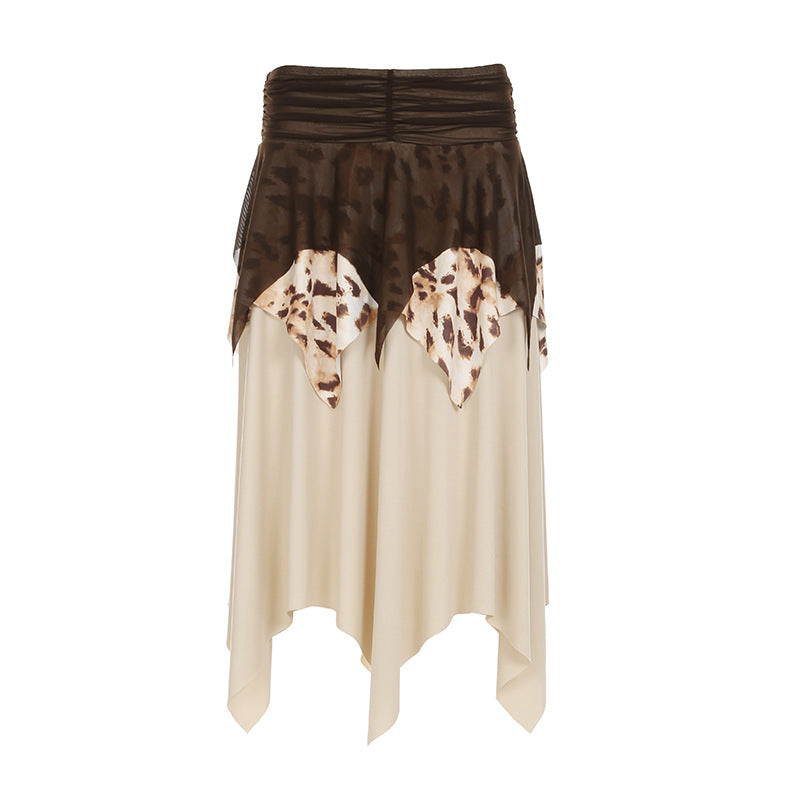 Leopard Print Mesh Pleated Skirt With Irregular Hem-Theone Apparel